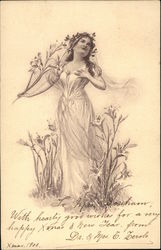 Drawing of Girl Holding Lilies Women Postcard Postcard Postcard