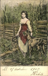 Farm Girl with Goat Farming Postcard Postcard Postcard