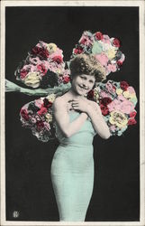 Woman Surrounded by Flower Bouquets Postcard