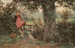 Little Girl Sitting on a Gate Outside with Dog Postcard