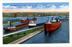 Freighters Waiting Their Turn To Enter The Locks, Sault Ste Sault Ste. Marie, MI Postcard Postcard