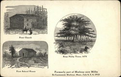 First Church, First School House, King Philip Trees Postcard