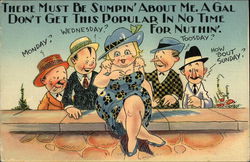 Woman Sitting on Wall With Four Men Courting Comic, Funny Postcard Postcard Postcard