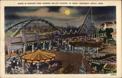 Scene in Paragon Park Showing Roller Coaster by Night Nantasket Beach, MA Postcard Postcard Postcard