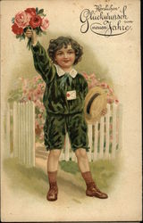 Young Boy with Flowers - German Postcard