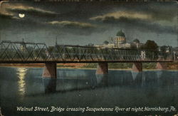 Walnut Street Bridge Crossing Susquehanna River at Night Harrisburg, PA Postcard Postcard Postcard