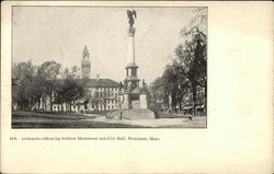 Common Showing Soldiers Monument and City Hall Worcester, MA Postcard Postcard Postcard