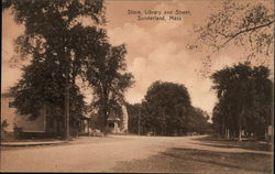 Store, Library and Street, Sunderland, Mass. Postcard