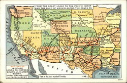 Red Circles Indicate Santa Fe Hotels, Dining & Lunch Rooms Under Management of Fred Harvey Maps Postcard Postcard Postcard