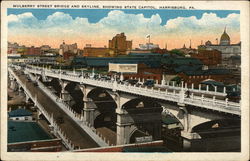 Mulberry Street Bridge and Skyline Showing State Capitol Harrisburg, PA Postcard Postcard Postcard