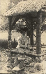 Woman at Rustic Wishing Well New Hampshire Postcard Postcard Postcard