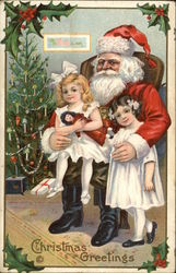 Christmas Greetings - Santa with Two Girls Postcard