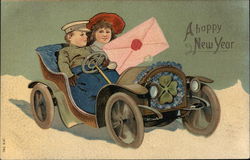 A Happy New Year - Boy and Girl in Open Car Postcard