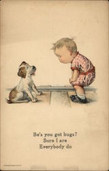 Little Boy Conversing with Puppy on Railroad Tracks Comic, Funny Postcard Postcard Postcard