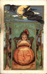 Witch, Black Cats and Conjurer Over Lantern Postcard