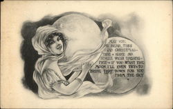 Christmas: Woman Holding Moon Postcard