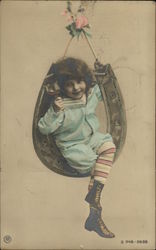 Girl in Swing Holding Glass Children Postcard Postcard Postcard