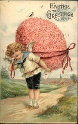 Easter Greetings - Boy Walking With Large Pink Egg on Back Postcard