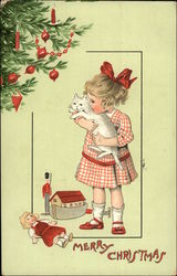 Merry Christmas - Girl with Kitten and Toys Children Postcard Postcard Postcard