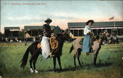 A Wyoming Cow Boy and Cow Girl Postcard Postcard Postcard