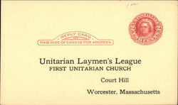 Unitarian Laymen's League, First Unitarian Church, Court Hill, Worcester, Mass. Postcard