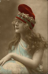 Woman Holding Globe Postcard