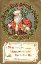 May Every Joy Gladen Your Heart This Festive Day! - Santa With Tree and Toys Postcard