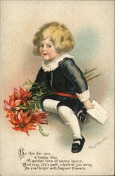 Young Child Holding Red Flowers Postcard