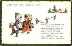 Christmas Greeting Two Children with Toys in Snow Postcard Postcard Postcard