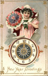 New Year's Greetings - Child with Flowers and a Clock Postcard