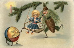 Christmas Ornament and Pine Cone with Faces Pushing Girl on a Swing Postcard