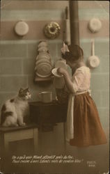 Girl with Kitten in the Kitchen - French Language Girls Postcard Postcard Postcard