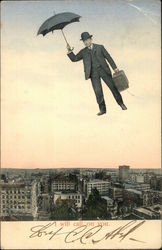 Man Flying Above Town with Umbrella Postcard