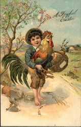 Young Boy with Hen With Chicks Postcard Postcard Postcard