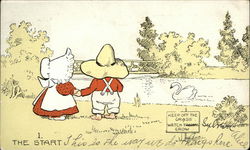 Couple Gazing at Swan on River Sunbonnet Babies Postcard Postcard Postcard