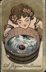 Art Nouveau Woman Bobbing for Apples Postcard