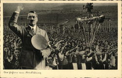 Adolph Hitler -Superimposed Over Saluting Crowd Postcard