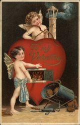 To My Valentine - Cupids Feeding Woodl Into A Valentine Stove Postcard