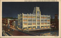 Night View of P.H.C. Building and State Street Sharon, PA Postcard Postcard Postcard