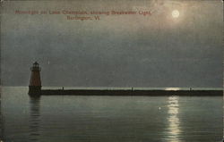 Moonlight on Lake Champlain, Showing Breakwater Light Burlington, VT Postcard Postcard Postcard