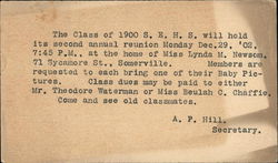 Notice of S. E. H. S. Class of 1900 Second Annual Reunion Postcard