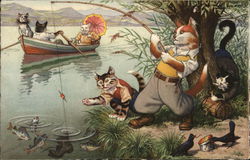 Cats Rowing and Fishing on a Lake Dressed Animals Postcard Postcard Postcard