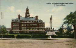 Soldiers Monument and High School Postcard