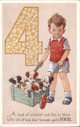 Boy With Four Puppies in Wagon and Number "4" Postcard