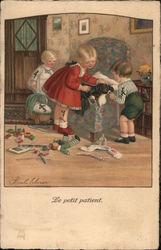 "Le Petit Patient" - Children Caring for Sleeping Dog Postcard Postcard