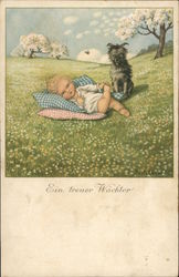 "Ein Treuer Wachter" - Dog Watches Over Sleeping Child Babies Postcard Postcard