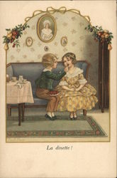 "La Dinette!" - Boy Feeding Girl Cherries Postcard