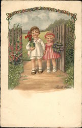 Children Holding Flowers Under Garden Arch Postcard