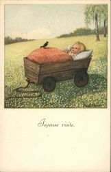 Baby in Wagon in Field With Bird Perched Atop Babies Postcard Postcard