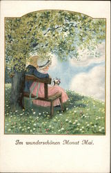 Couple Sitting on a Bench Under Tree, German Language Postcard